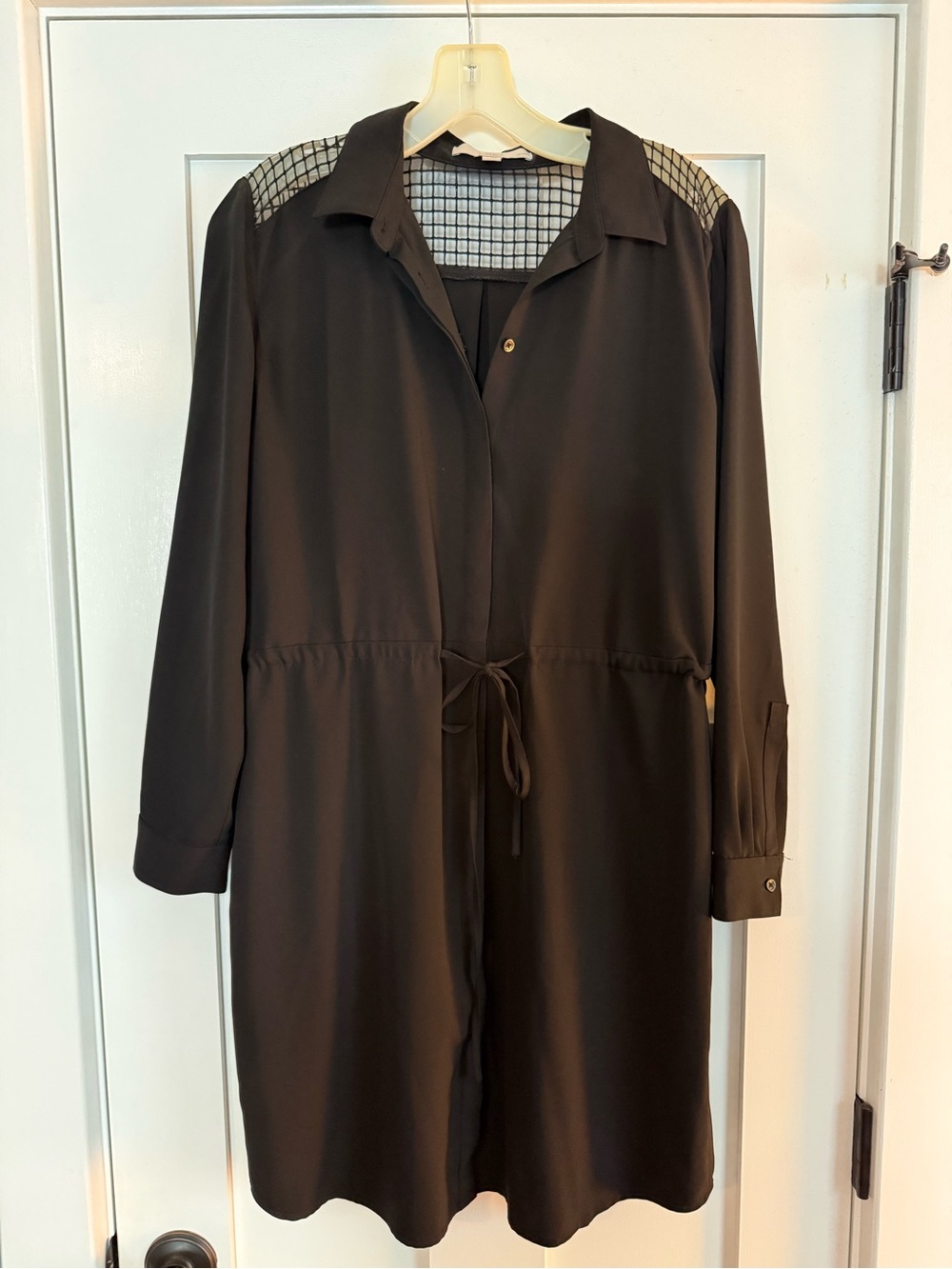 LOFT Black Long-Sleeve Tie-Waist Shirt Dress with Mesh Yoke